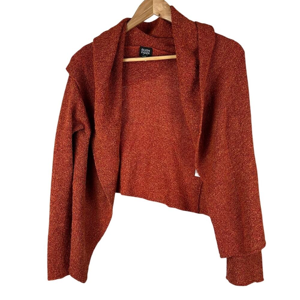 Eileen Fisher Wool Blend Hooded Open Front Cardigan Burnt Orange Women's PS EUC